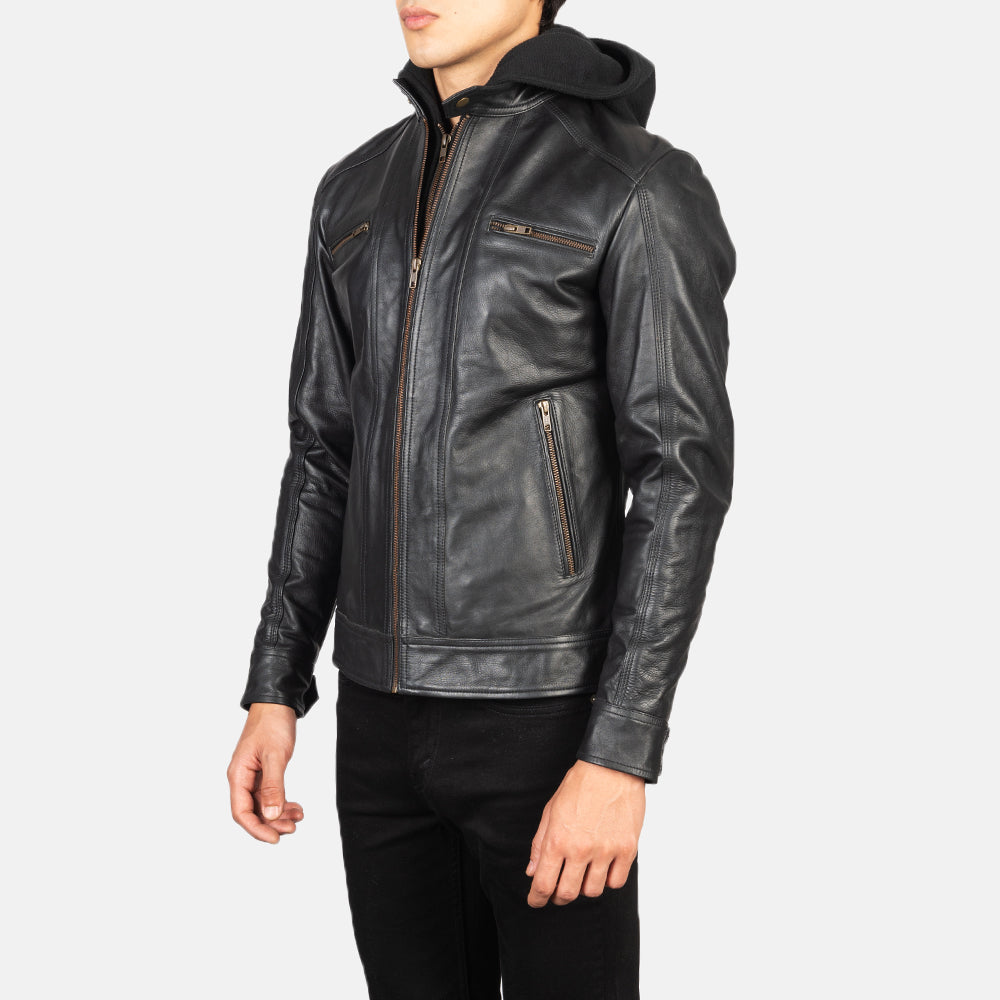 
Black Cowhide Leather Biker Jacket - Back View Showing Tailored Shoulder Fit & Clean Hemline