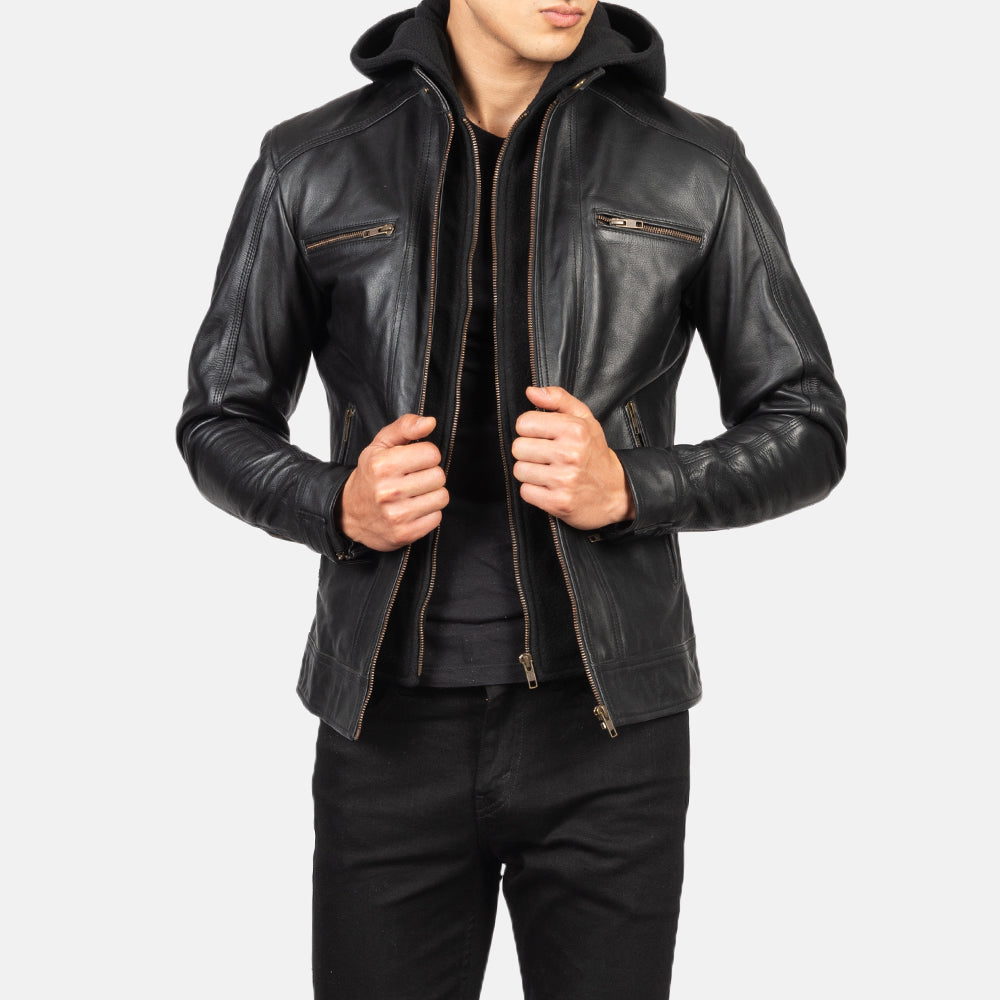 
Close-Up Detail of Band with Snap Button & Zipper Hardware on Men's Hector Black Hooded Leather Biker Jacket