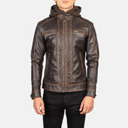 
Close-Up Detail of Band with Snap Button & Zipper Hardware on Men's Hector Vintage Brown Hooded Leather Biker Jacket