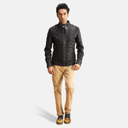Henry Quilted Black Leather Jacket - Lateral Side Profile View Showing Sleeve Cut &amp; Athletic Taper Fit