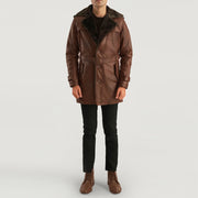
Close-Up Detail of Notch & Button Hardware on Men's Hunter Distressed Brown Fur Leather Coat