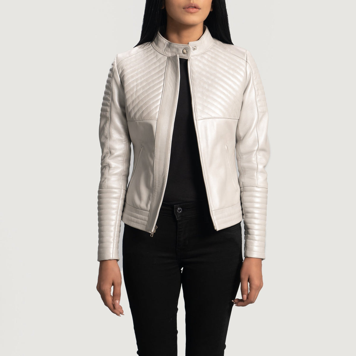 Women's Ice Maiden Silver Quilted Leather Biker Jacket - Lateral Side Profile View Showing Sleeve Cut &amp; Athletic Taper Fit