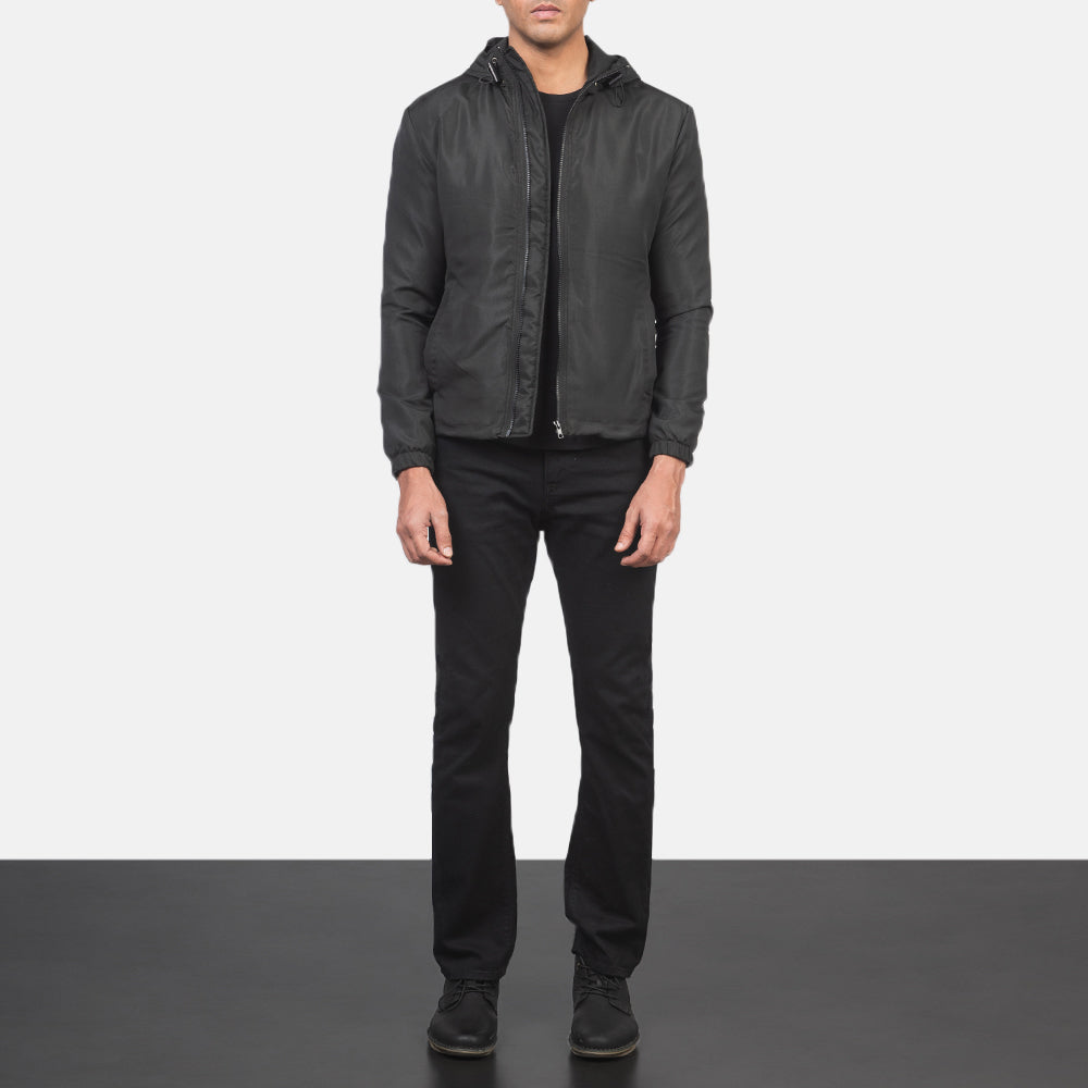 
Men's Jimmy Black Hooded Windbreaker Jacket - Lateral Side Profile View Showing Sleeve Cut & Athletic Taper Fit