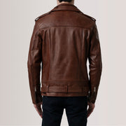
Close-Up Detail of Notch & Zipper & Waist Straps Hardware on Kole Waxed Brown Leather Double Rider Jacket
