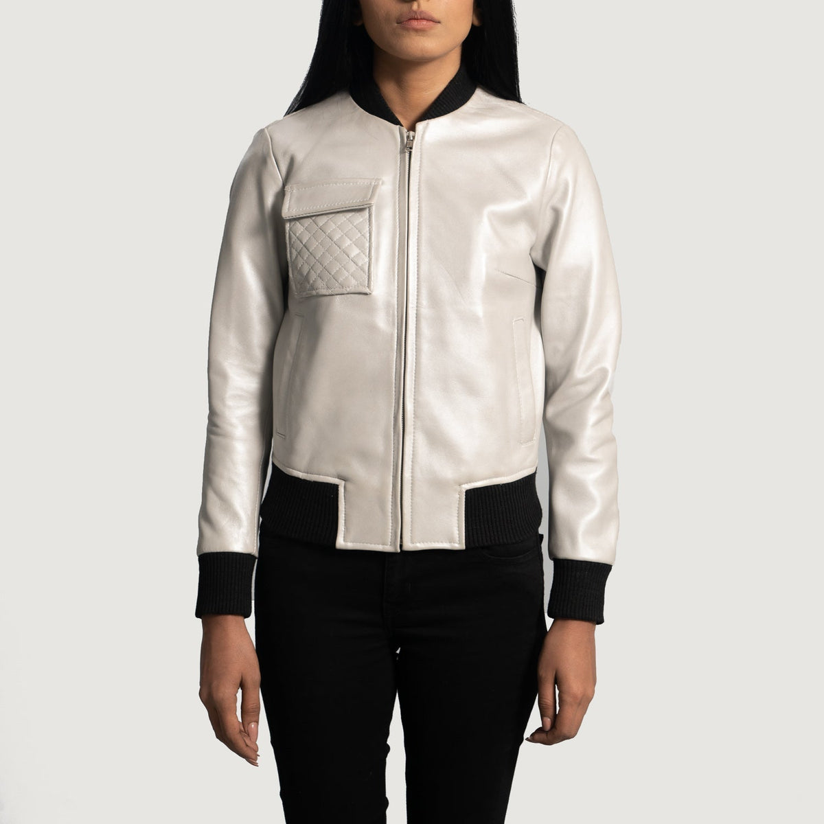 
Silver Sheepskin Leather Bomber Jacket - Back View Showing Tailored Shoulder Fit & Clean Hemline
