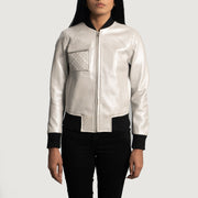
Silver Sheepskin Leather Bomber Jacket - Back View Showing Tailored Shoulder Fit & Clean Hemline