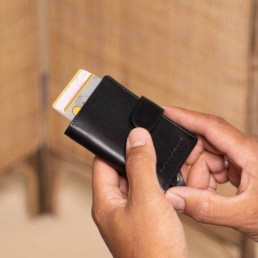 
Classic 100% Full-Grain Leather Card Holder - Rear Perspective Showing Reinforced Leather Straps & Stitching