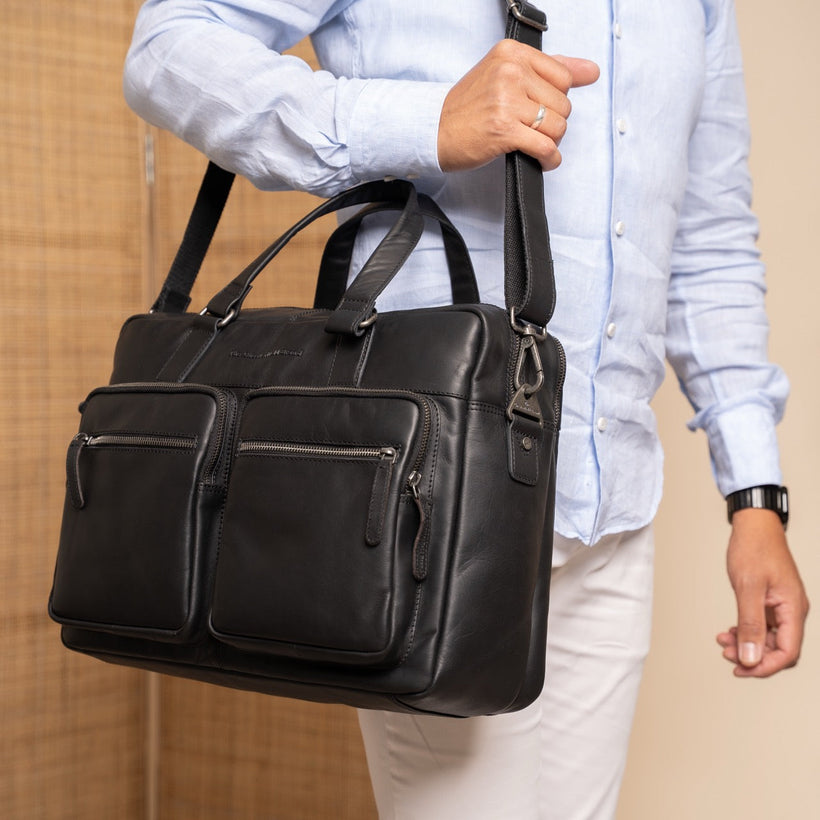 Classic 100% Full-Grain leather Briefcase - Rear Perspective Showing Reinforced Leather Straps & Stitching