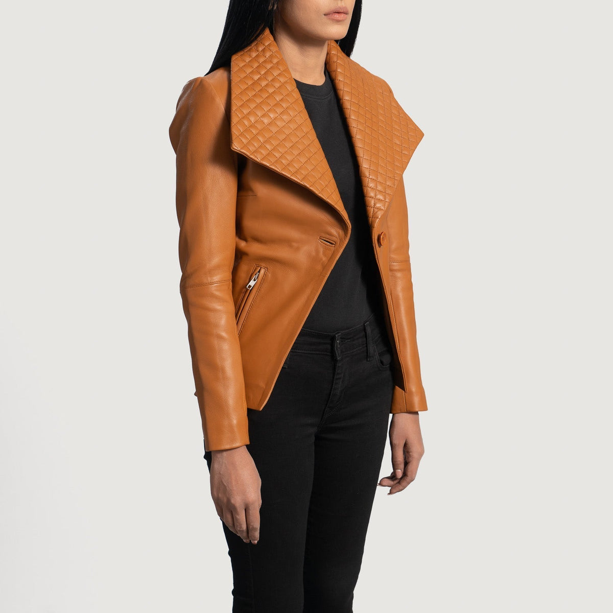 
Tan Brown Sheepskin leather Blazer - Back View Showing Tailored Shoulder Fit & Clean Hemline
