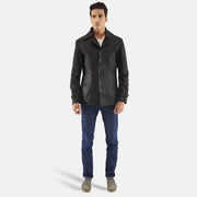 
Leo Black Leather Coat - Lateral Side Profile View Showing Sleeve Cut & Athletic Taper Fit