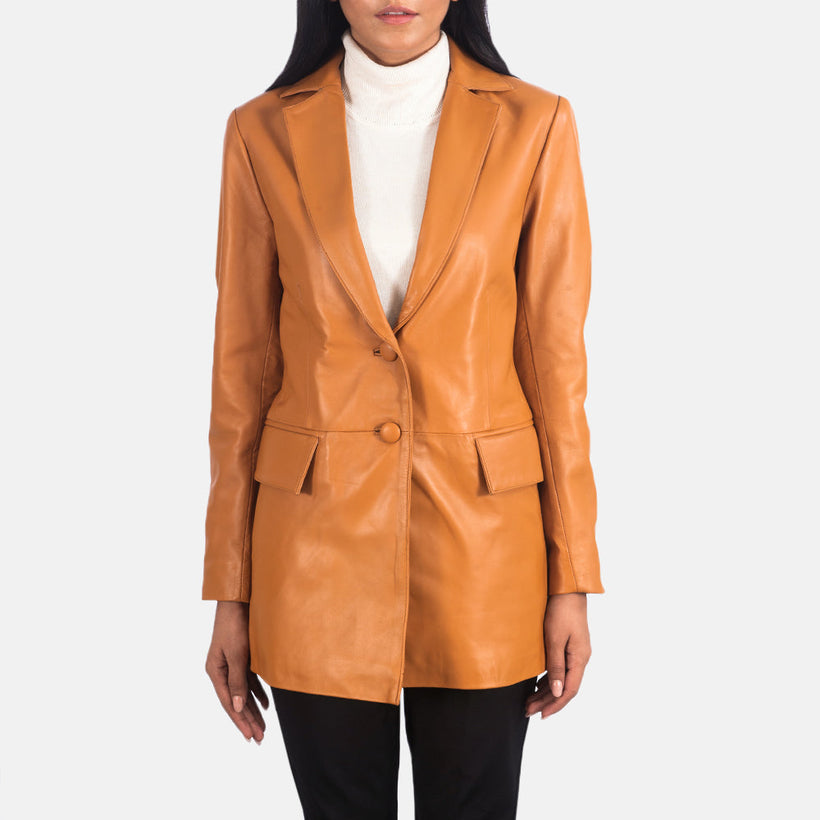 Women's Marilyn Tan Brown Leather Blazer in Tan Brown Sheepskin Leather - Front Profile View & Tailored Silhouette | Buy Online