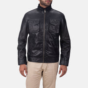 
Maurice Black Leather Jacket in Black Sheepskin Leather - Front Profile View & Tailored Silhouette | Buy Online