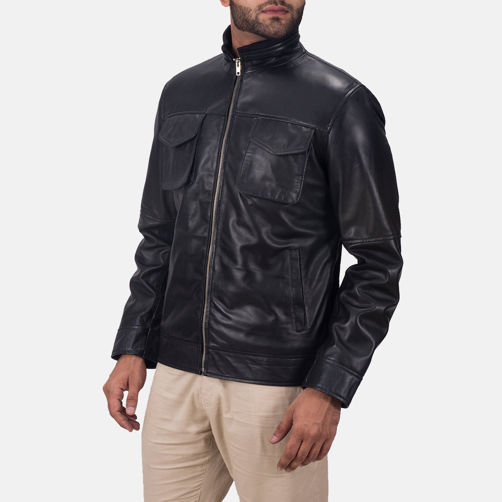 
Black Sheepskin leather Jacket - Back View Showing Tailored Shoulder Fit & Clean Hemline