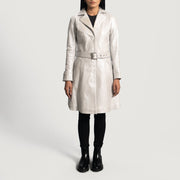 Close-Up Detail of Notch &amp; Button Hardware on Women's Moonlight Silver Leather Trench Coat