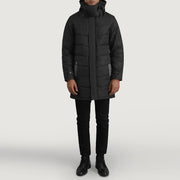 
Moore Black Hooded Parka - Lateral Side Profile View Showing Sleeve Cut & Athletic Taper Fit
