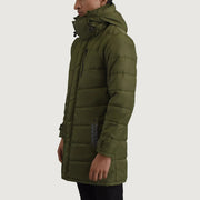 
Green Full-Grain Leather Hooded Jacket - Back View Showing Tailored Shoulder Fit & Clean Hemline