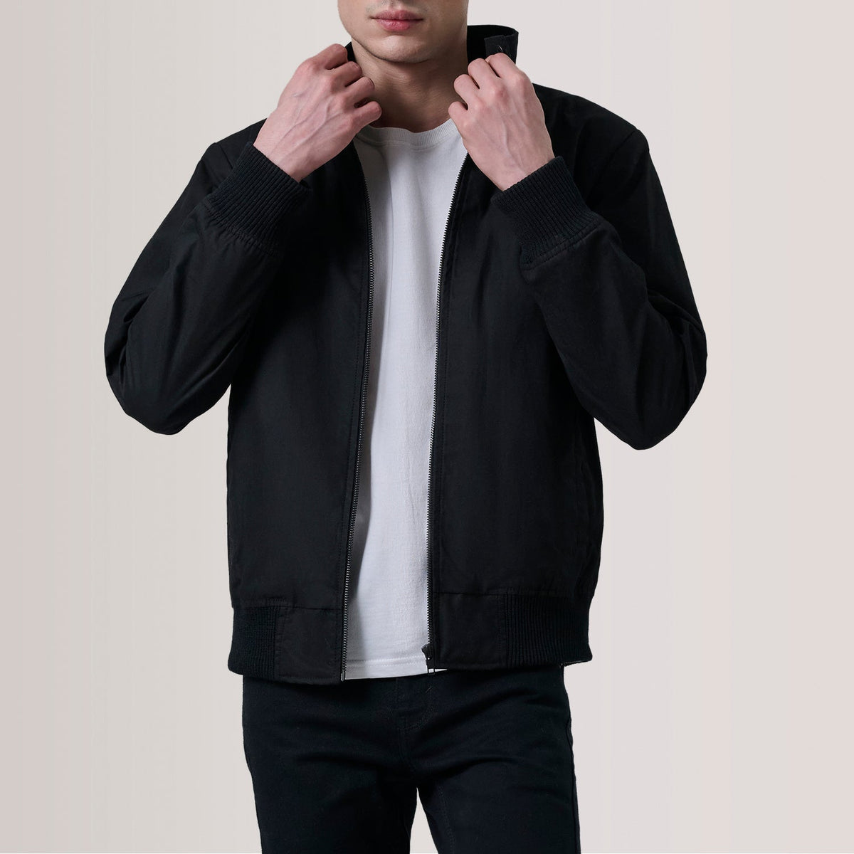 Morrison Black Canvas Bomber Jacket For Men in Black Waxed Cotton Canvas - Front Profile View &amp; Tailored Silhouette | Buy Online