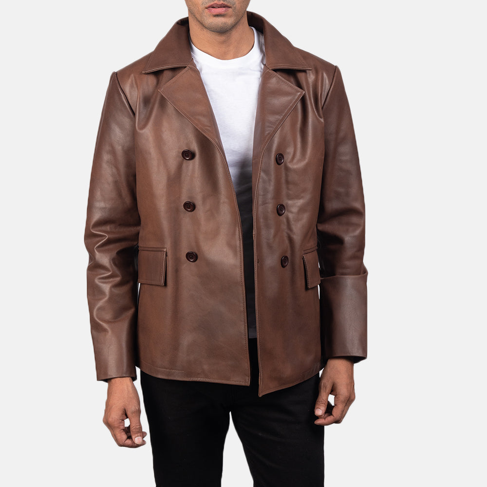 Close-Up Detail of Notch & Buttons Hardware on Mr. Bailey Brown Leather Naval Peacoat