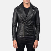 
Men's Noah Black Leather Biker Jacket - Lateral Side Profile View Showing Sleeve Cut & Athletic Taper Fit