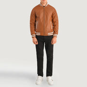 Pascal Tan Brown Leather Varsity Jacket - Lateral Side Profile View Showing Sleeve Cut &amp; Athletic Taper Fit