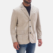 
Off White (Greyish) Goatskin Suede Leather Blazer - Back View Showing Tailored Shoulder Fit & Clean Hemline