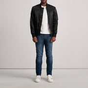 Close-Up Detail of Varsity &amp; Zipper Hardware on Quinton MA-1 Black Bomber Jacket