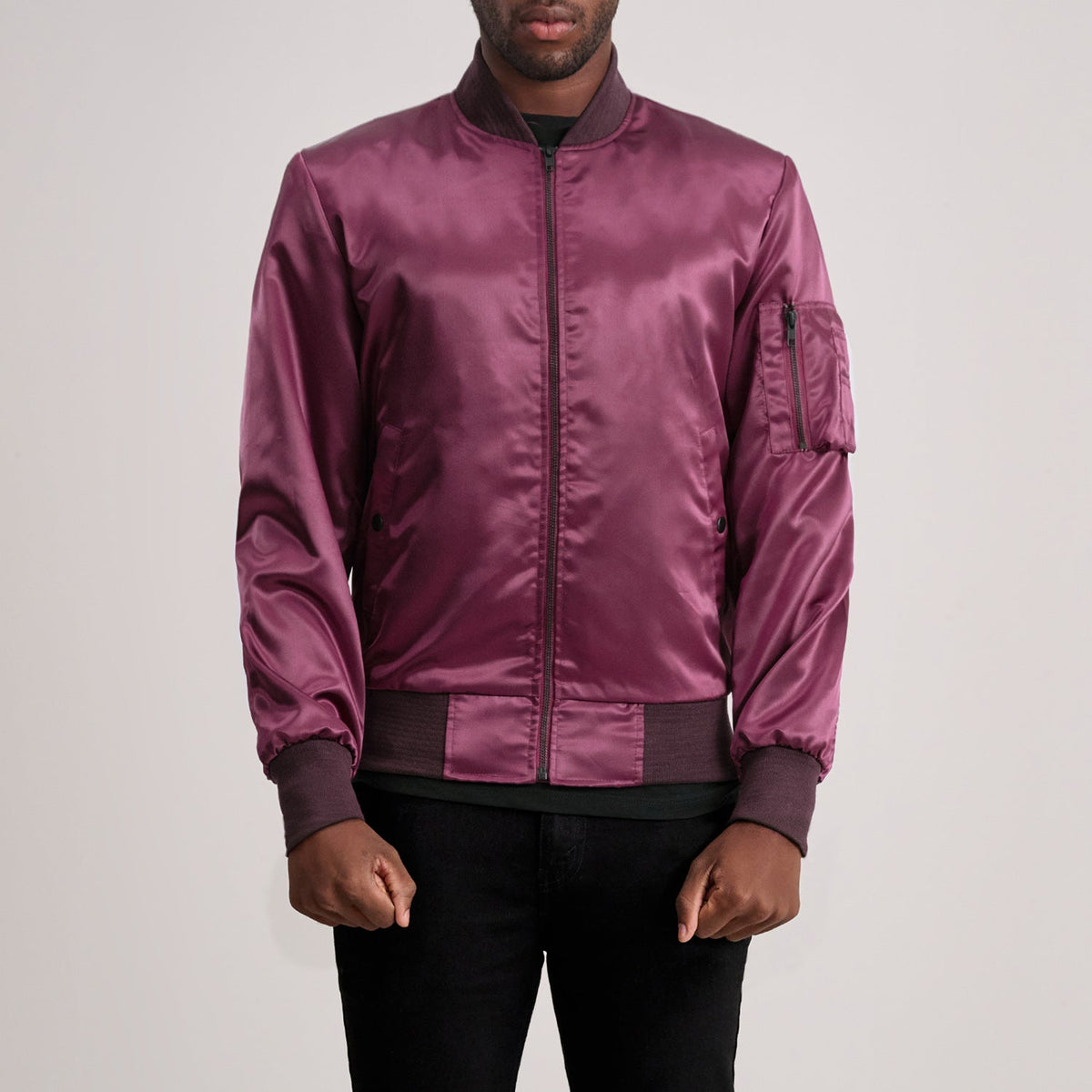 Quinton MA-1 Maroon Bomber Jacket in Maroon Satin - Front Profile View &amp; Tailored Silhouette | Buy Online