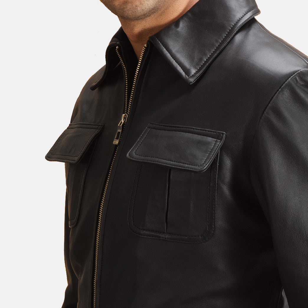 Close-Up Detail of Shirt &amp; Zipper Hardware on Raven Black Leather Jacket