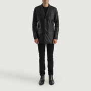 
Ray Cutler Black Leather Blazer - Lateral Side Profile View Showing Sleeve Cut & Athletic Taper Fit