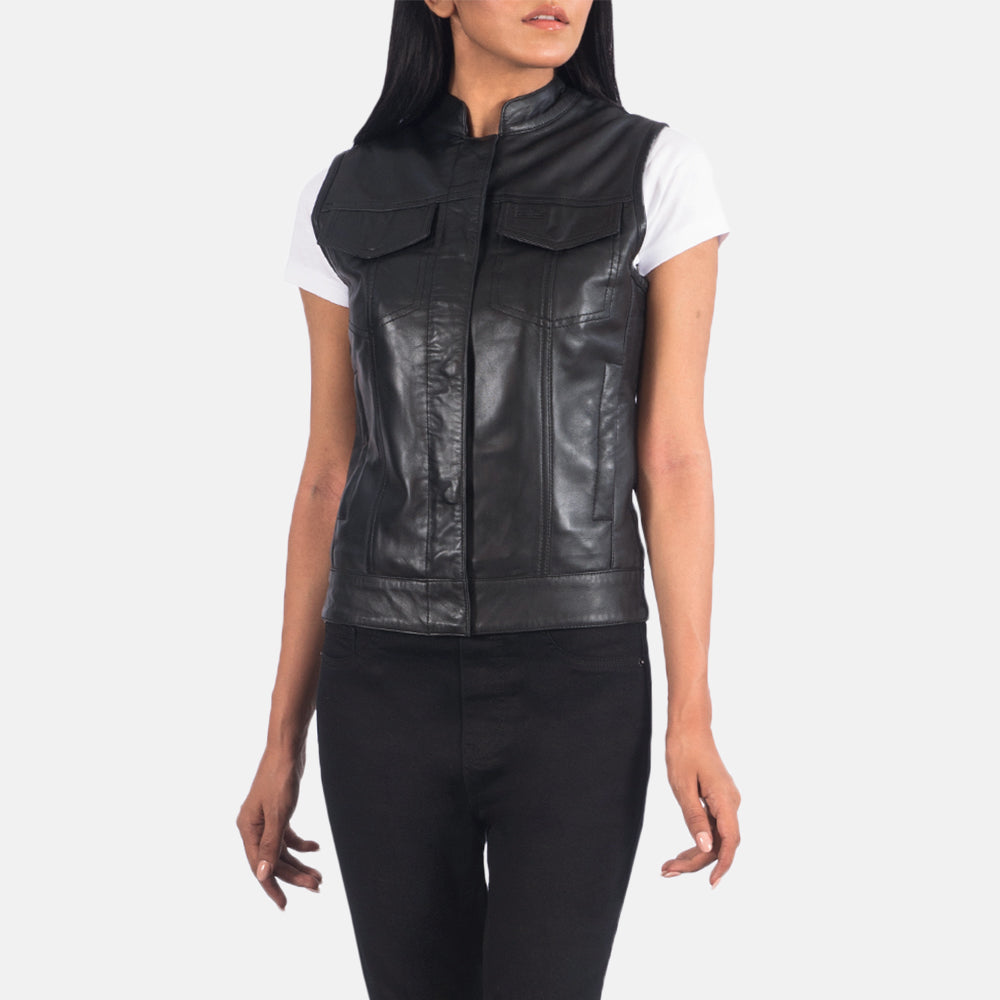 
Close-Up Detail of Band & Zipper Hardware on Women's Rayne Moto Black Leather Vest