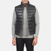 Men's Reeves Black Leather Puffer Vest in Black Sheepskin Leather - Front Profile View &amp; Tailored Silhouette | Buy Online