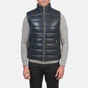 
Close-Up Detail of Classic Collar & Zipper with Dual Puller Hardware on Men's Reeves Blue Leather Puffer Vest