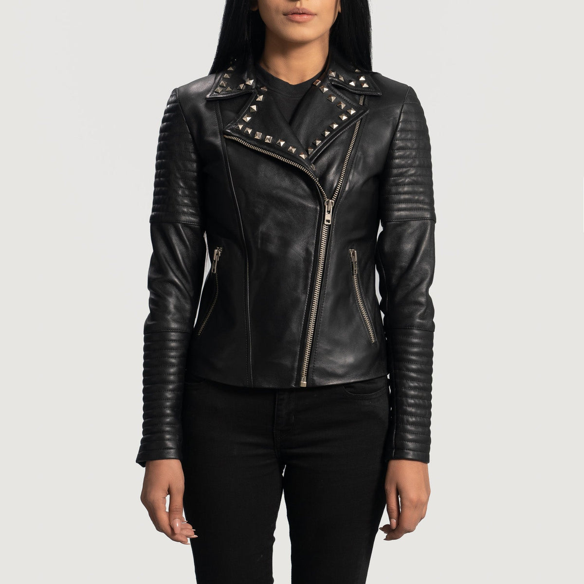 Women's Sally Mae Studded Black Leather Biker Jacket in Black Sheepskin Leather - Front Profile View &amp; Tailored Silhouette | Buy Online