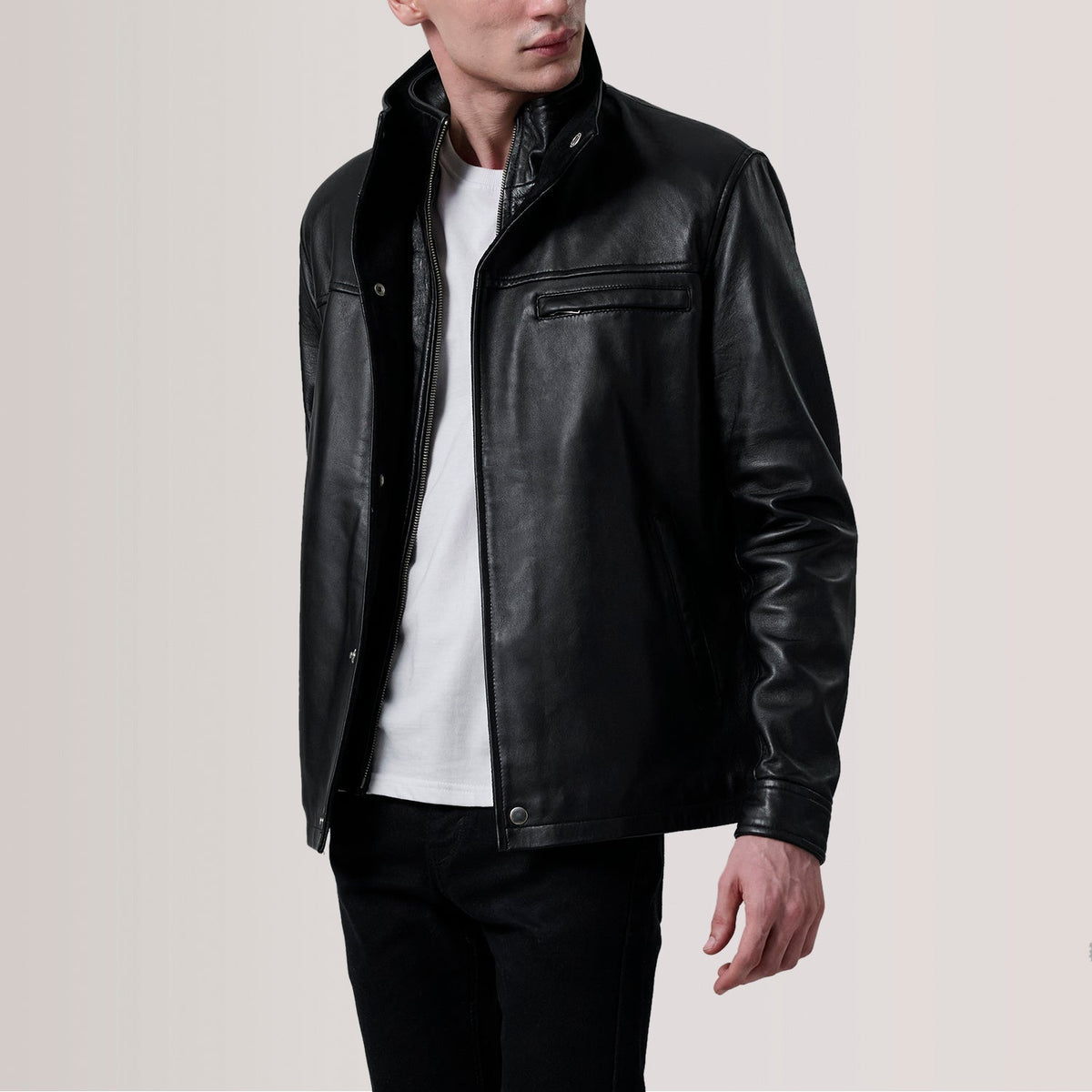 Sean Black Leather Classic Jacket For Men in Black Sheepskin Leather - Front Profile View &amp; Tailored Silhouette | Buy Online