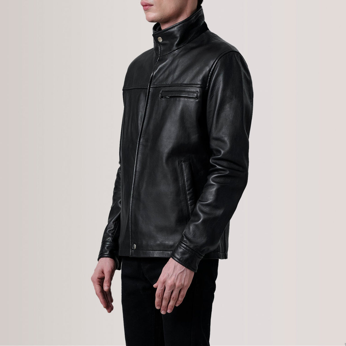 Sean Black Leather Classic Jacket For Men - Lateral Side Profile View Showing Sleeve Cut &amp; Athletic Taper Fit