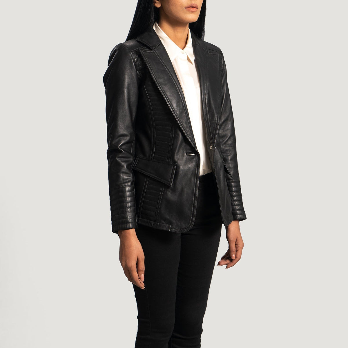 Black Sheepskin leather Blazer - Back View Showing Tailored Shoulder Fit &amp; Clean Hemline