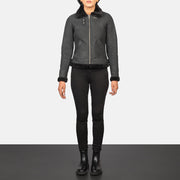 
Women's Sherilyn B-3 Distressed Black Leather Bomber Jacket - Lateral Side Profile View Showing Sleeve Cut & Athletic Taper Fit