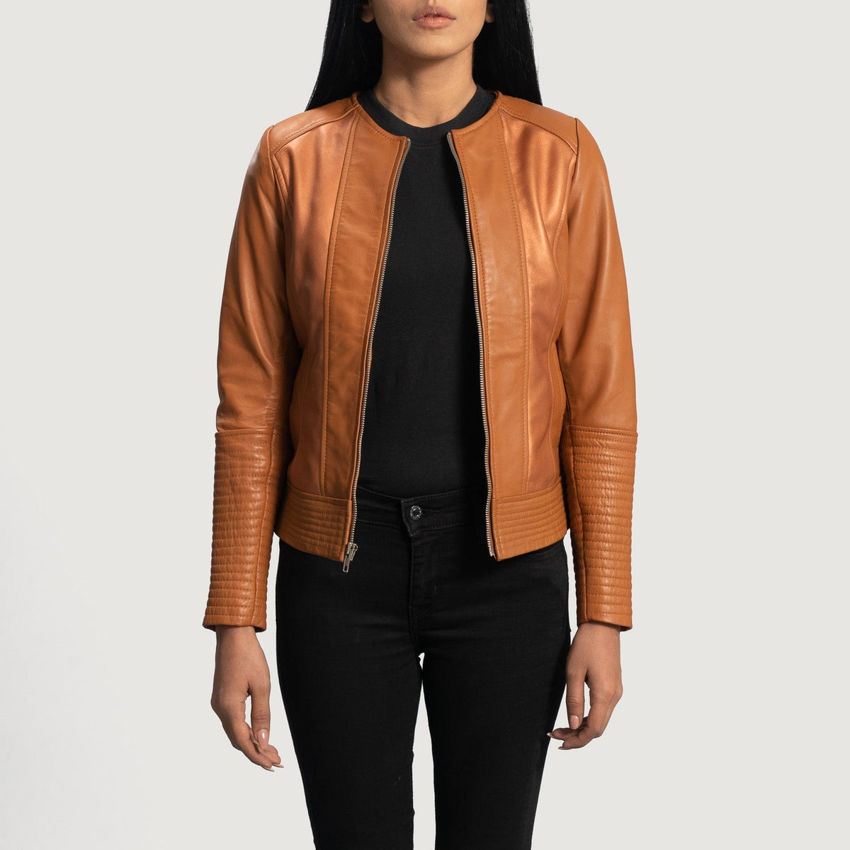 Women's Sleeky Clean Tan Leather Biker Jacket in Tan Brown Sheepskin Leather - Front Profile View &amp; Tailored Silhouette | Buy Online