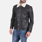 Men's Snow Cole Black Leather Jacket in Black Goatskin Leather - Front Profile View &amp; Tailored Silhouette | Buy Online