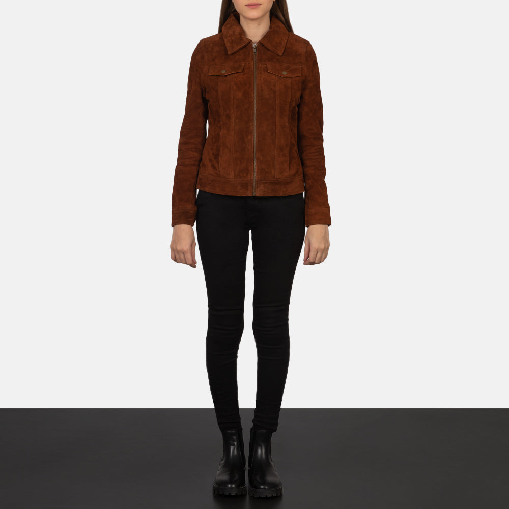 
Close-Up Detail of Shirt & Zipper Hardware on Women's Suzy Brown Suede Trucker Jacket