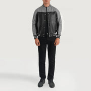 
Terrance Black & Red Leather Varsity Jacket - Lateral Side Profile View Showing Sleeve Cut & Athletic Taper Fit