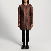 
Women's Trudy Lane Quilted Maroon Leather Coat - Lateral Side Profile View Showing Sleeve Cut & Athletic Taper Fit
