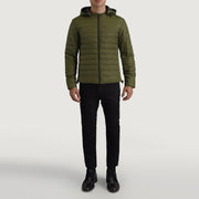 Tyler Green Hooded Puffer Jacket - Lateral Side Profile View Showing Sleeve Cut &amp; Athletic Taper Fit
