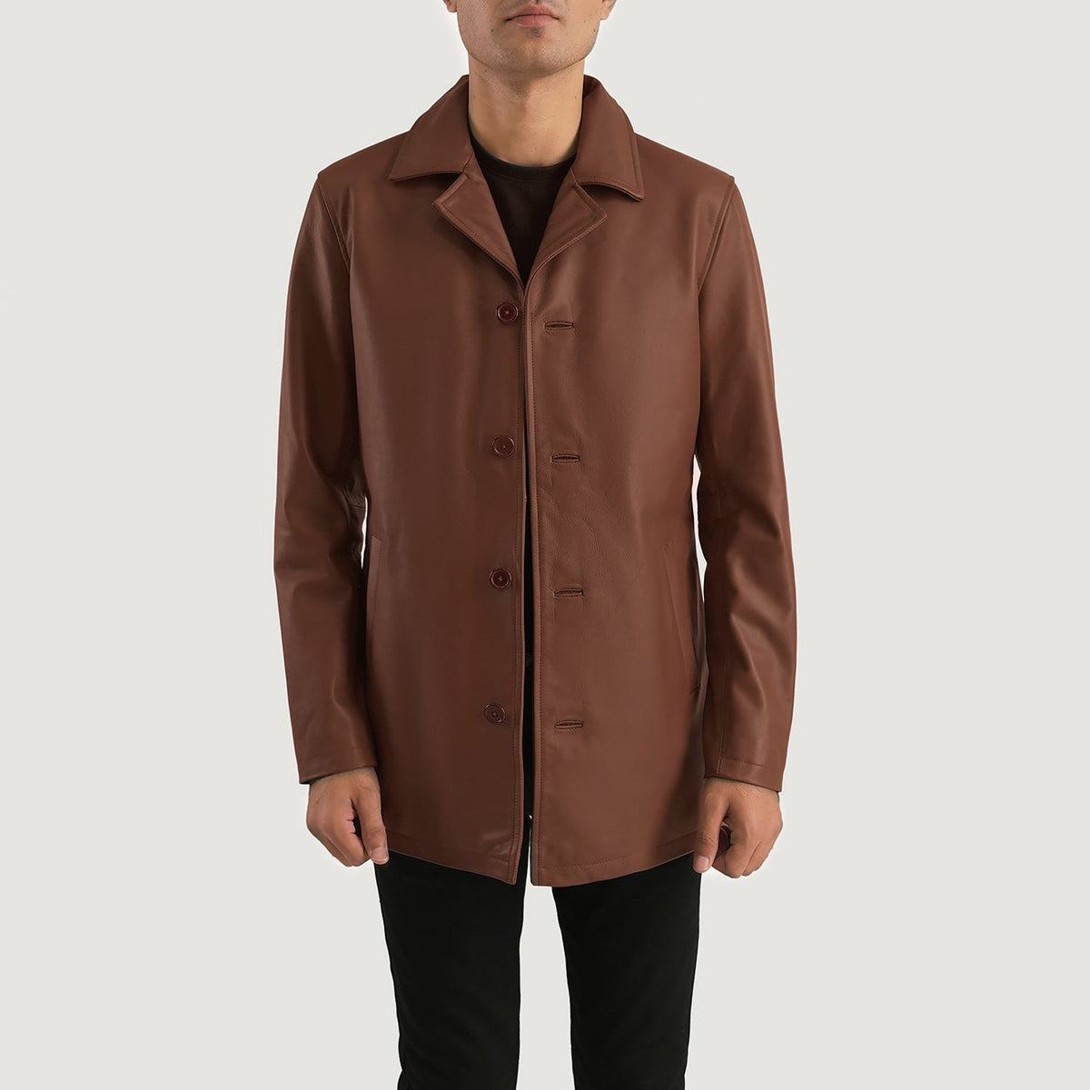 
Close-Up Detail of Notch & Button Hardware on Urban Slate Brown Leather Coat
