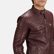 Urbane Quilted Maroon Leather Biker Jacket - Lateral Side Profile View Showing Sleeve Cut &amp; Athletic Taper Fit
