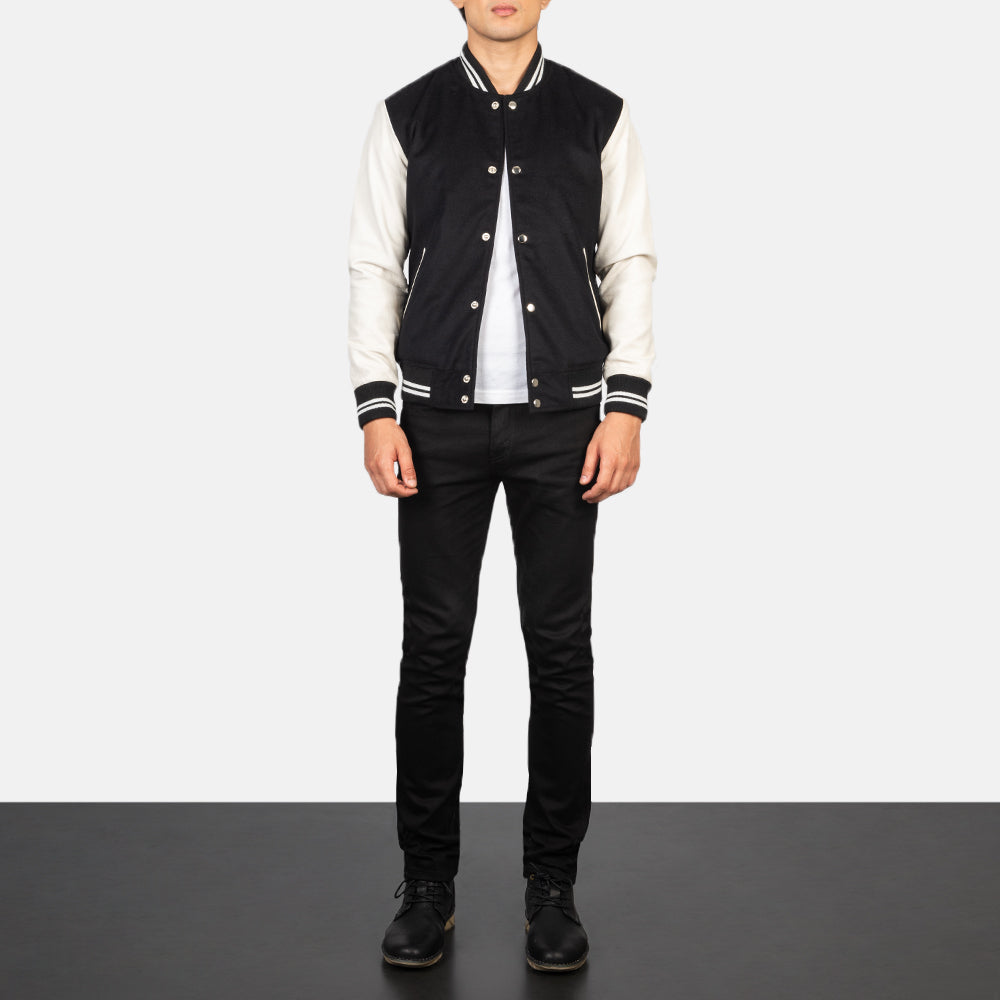
Men's Vaxton Black & White Hybrid Varsity Jacket - Lateral Side Profile View Showing Sleeve Cut & Athletic Taper Fit