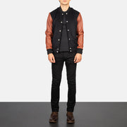 Men's Vaxton Brown Hybrid Varsity Jacket - Lateral Side Profile View Showing Sleeve Cut &amp; Athletic Taper Fit