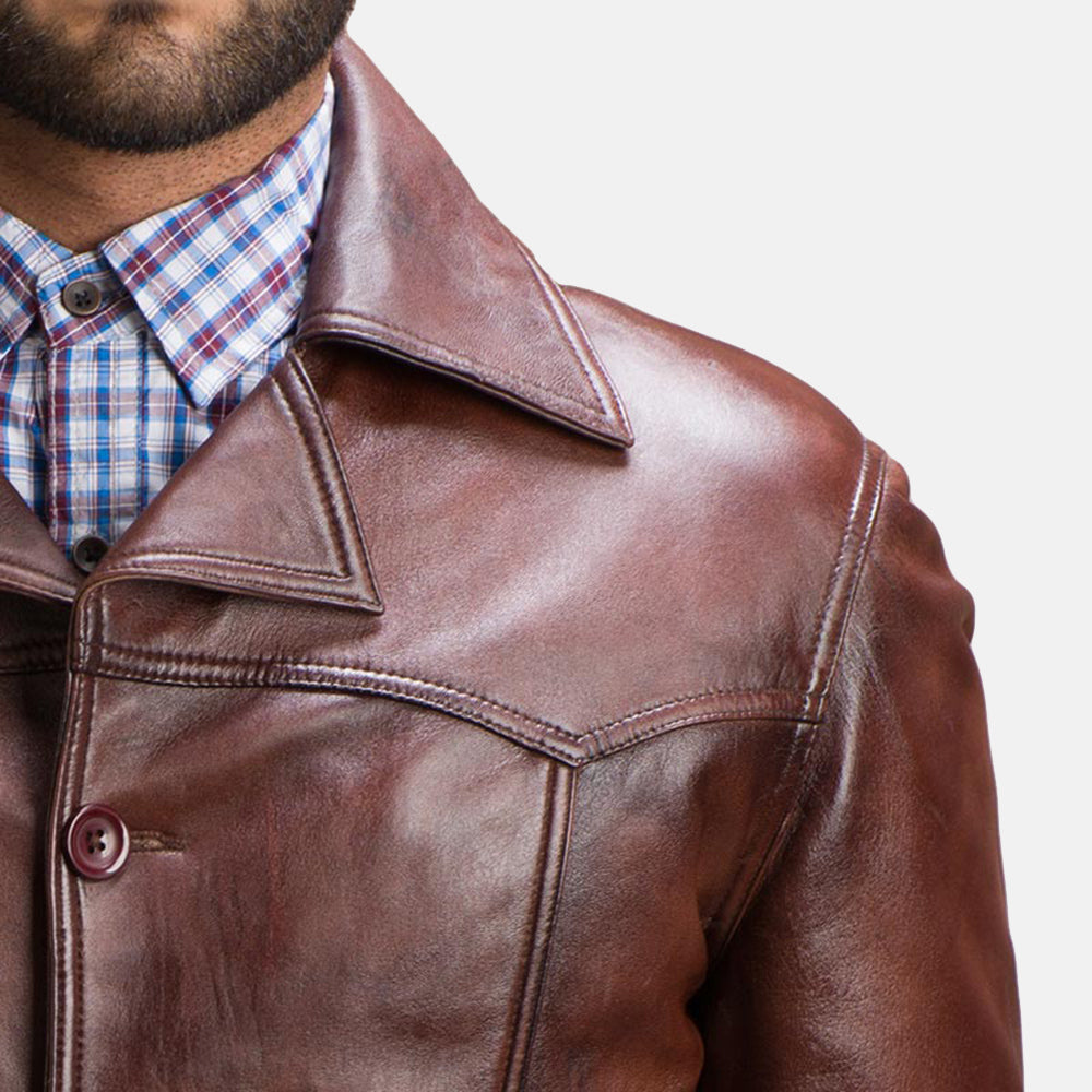 
Men's Vincent Alley Brown Leather Jacket - Lateral Side Profile View Showing Sleeve Cut & Athletic Taper Fit