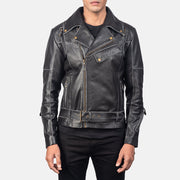 Men's Vincent Black Leather Biker Jacket in Distressed Black Cow Hide Leather - Front Profile View &amp; Tailored Silhouette | Buy Online