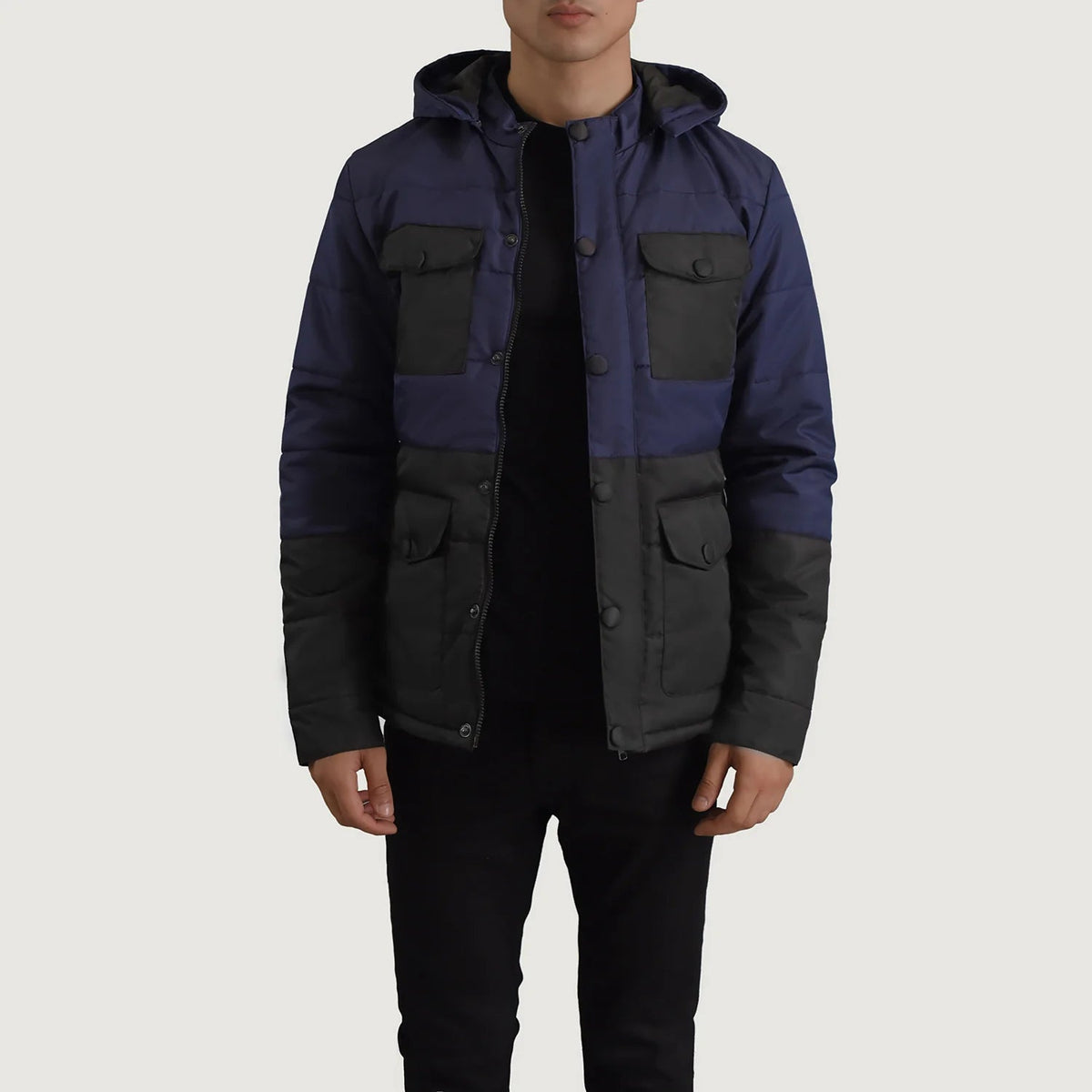 
Wayne Black & Blue Hooded Puffer Jacket in Black + Blue Full-Grain Leather - Front Profile View & Tailored Silhouette | Buy Online